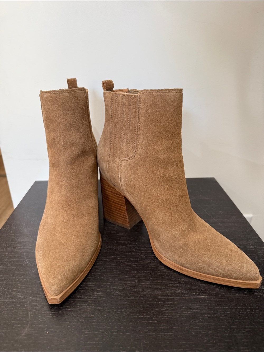 Marc Fisher Camel Suede Pointed-Toe Block Heel Ankle Boots